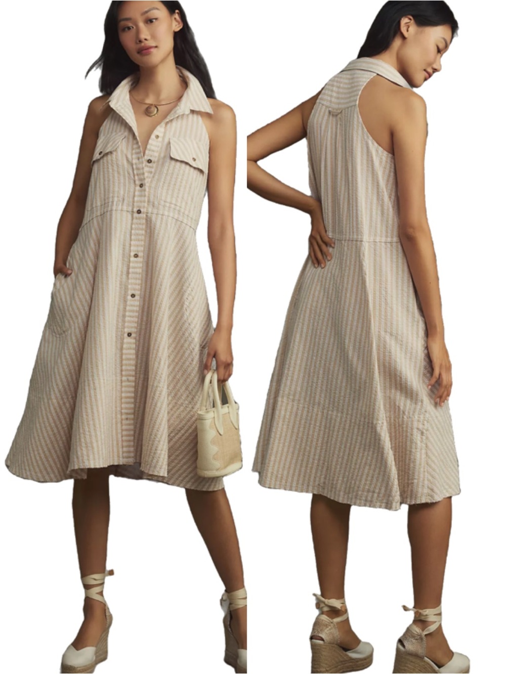 Pilcro Anthropologie Sleeveless Halter Swing Midi Dress, Stripe Cream Oatmeal L